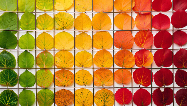Grid layout of colorful autumn leaves organized by hue on a square wire mesh with organized spectrum seasonal gradient transition background composition november september environment