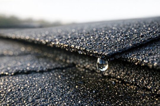A single water drop sits on the edge of a roof, ready to fall