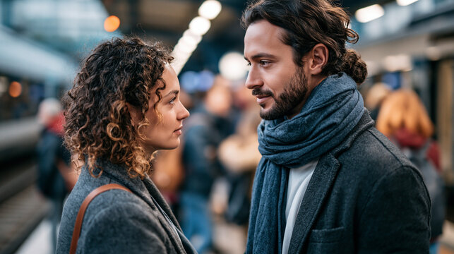 Two strangers making brief eye contact on a crowded train platform, missed connection, subtle emotional tension, urban life mood