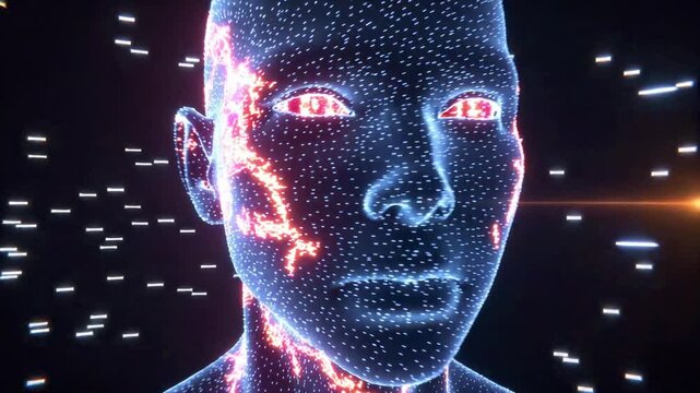 Digital human head made of glowing particles and energy lines. Artificial intelligence and machine learning concept. Futuristic 3D animation of a mind processing data