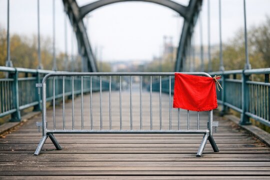 A metal barricade with a prominent red flag, possibly indicating protest or warning