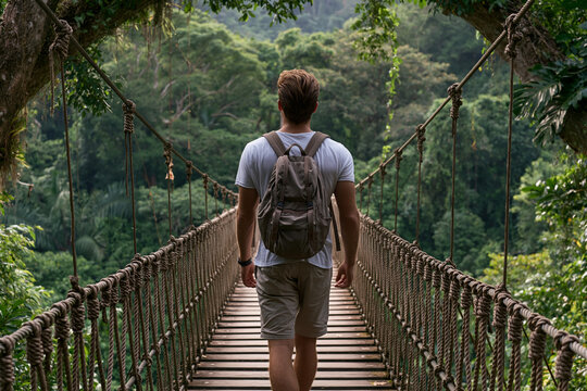 Person walks on a rope bridge in a forest on a sunny day
