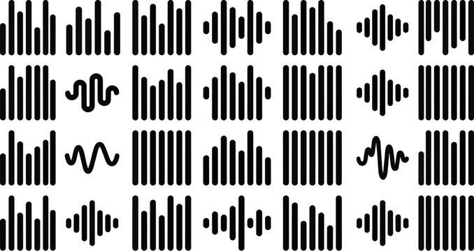 Mega bundle of minimalist solid black sound waveform and frequency equalizer icons, flat vector audio voice recognition and podcast UI symbols for tech app dashboard and music player design