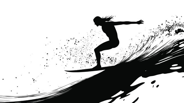 Surfer executing a sharp turn on a large wave in a high contrast black and white graphic illustration that captures the intense texture of ocean spray and the graceful balance of the athlete.