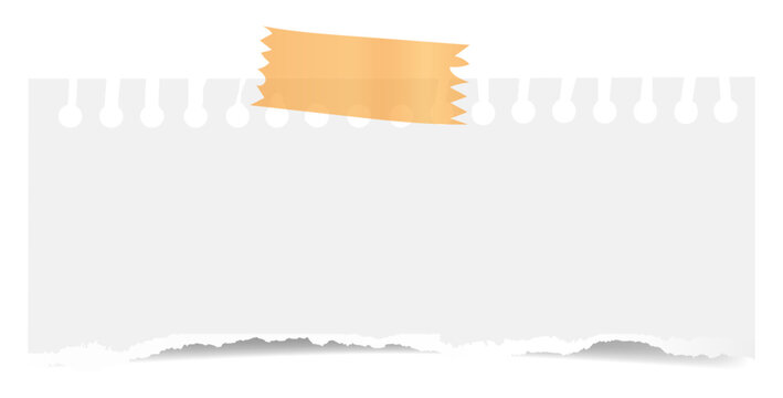 Blank torn paper note with perforated edge and horizontal orange tape at the top. Curled scrap with rough texture on transparent background.