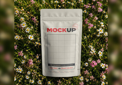 Sealed Pouch Bag Package on Flower Grass Mockup