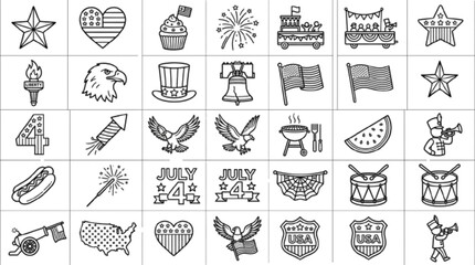 Create 25 unique Fourth of July symbols, stars, striped heart, patriotic cupcake, fireworks, parade float, liberty torch, eagle, black outline vector set, smooth geometry, SVG EPS appearance.   © Natasa Akter 