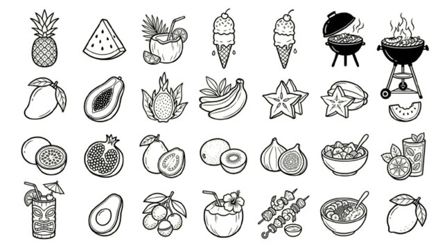 Create 25 unique tropical food elements, pineapple, watermelon slice, coconut, ice cream, barbecue, black outline vector.

