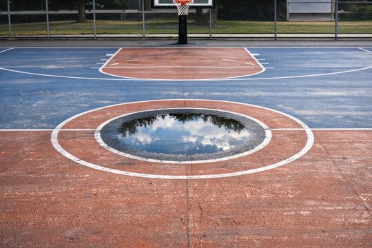 A basketball court with a unique feature - a hole in the middle