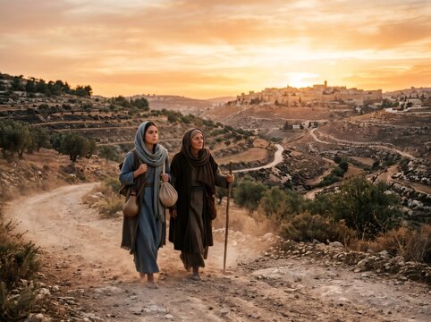 Ruth and Naomi traveling home to Bethlehem at sunset