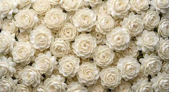 An abundant arrangement of creamy white roses and jasmine flowers viewed from directly above creating a soft, romantic, and floral background texture