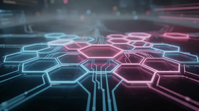 Futuristic hexagon circuit board with glowing digital nodes creating abstract technology scene with data network blockchain connection cyber interface artificial intelligence and innovation background