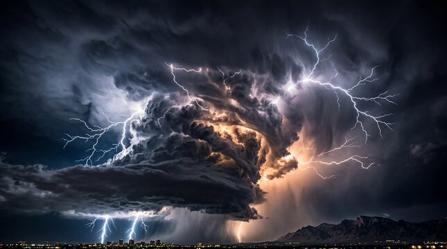 A dramatic, stormy scene with a darkened sky, filled with swirling, menacing clouds