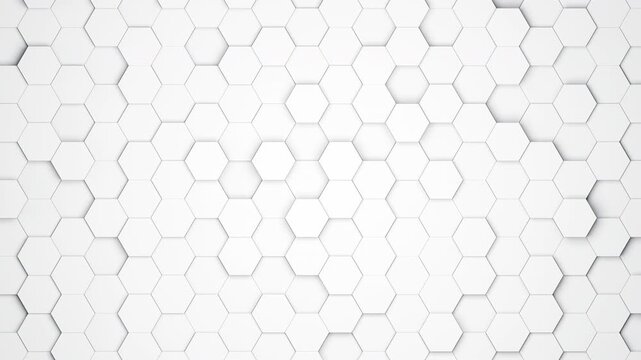 Abstract 4K white hexagon geometric background. Full frame 3D honeycomb seamless loop backdrop.