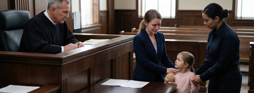 Crying woman mother with child in courtroom standing before judge. Social worker escorting little girl during custody hearing. Banner with copy space
