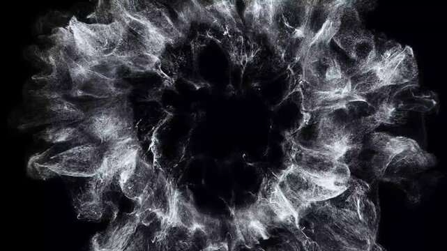White Energy Shockwave Explosion Ring with Expanding Plasma Wave and Abstract Particle Burst Effect on Black Background