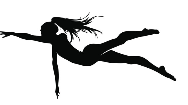 Dancer strikes a graceful mid-air pose in this elegant black silhouette that highlights sharp lines and fluid motion against a stark white backdrop for artistic compositions.