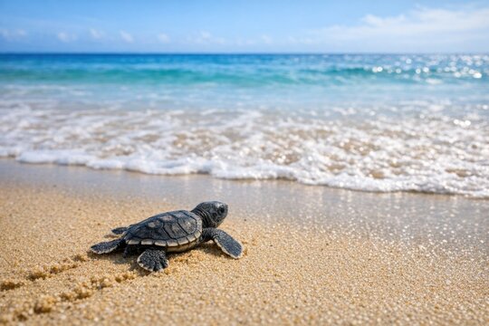 A small turtle crawls out of the sandy beach, ready for its new life