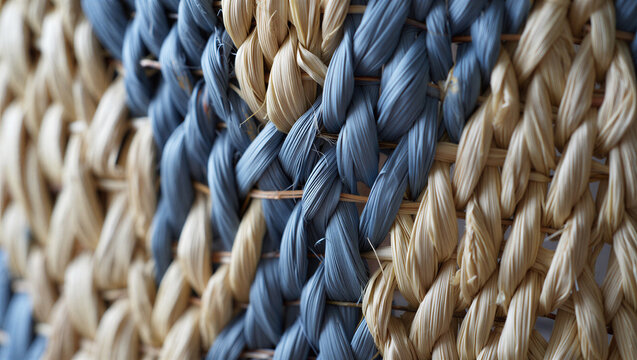 Close up detail of woven texture in natural raffia and blue dyed material of handmade basket with material handmade interwoven craftsmanship structure interlace contrast textured