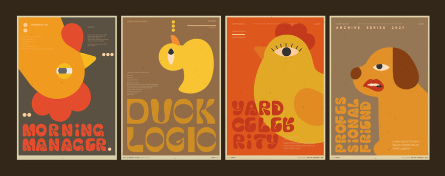 A series of four retro-style posters featuring abstract animal illustrations with bold typography. The warm color palette and playful design evoke a vintage aesthetic.