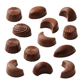 Chocolate candies with bite taken out on white background