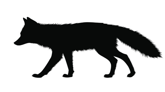 Fox silhouette presents a sharp profile against a stark white background, highlighting the elegant curve of its body and the dense texture of its tail in a clean, minimalist design for nature.