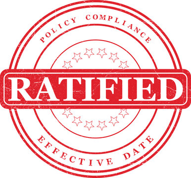 Red circular stamp with the word 'RATIFIED' in bold text, surrounded by text indicating policy compliance and effective date, suggesting approval and validation