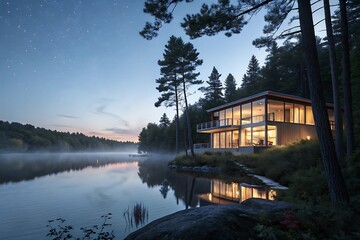 Obraz premium Modern lakeside cabin glows warmly under a starlit evening sky
