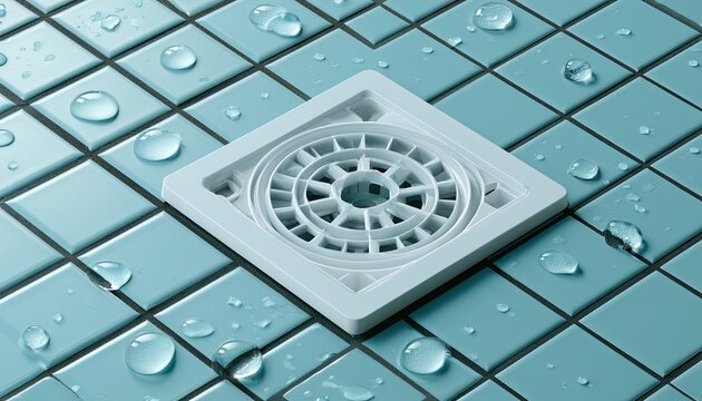 A square drain grate with intricate internal pattern on tiled surface with water droplets