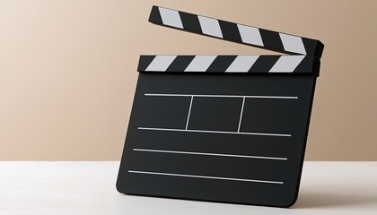 Fototapeta premium Black clapperboard with white stripes, ready for action on neutral background