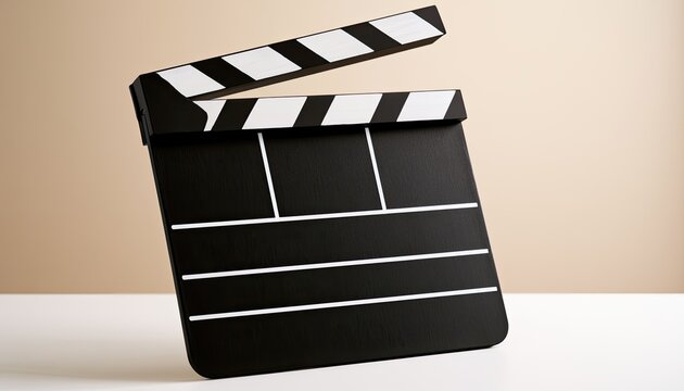 A black clapperboard with white stripes sits open on a light surface