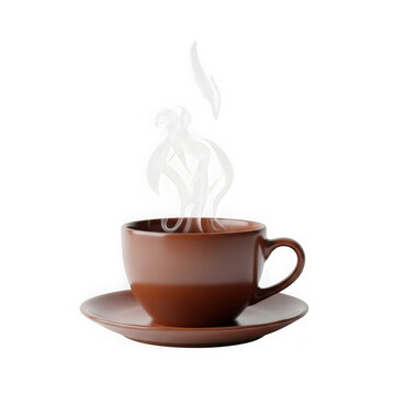 A brown coffee cup on a saucer with steam rising