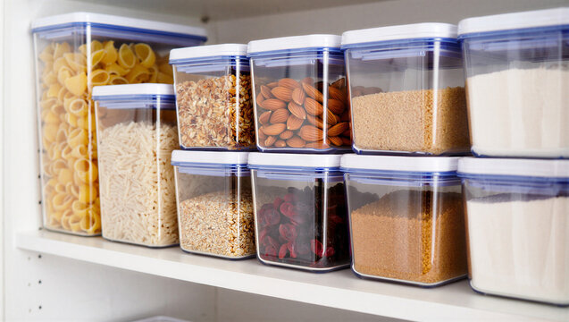Modern clear plastic airtight food storage containers on kitchen pantry shelf with dry goods and grains containers airtight organization lifestyle organized shelving essentials