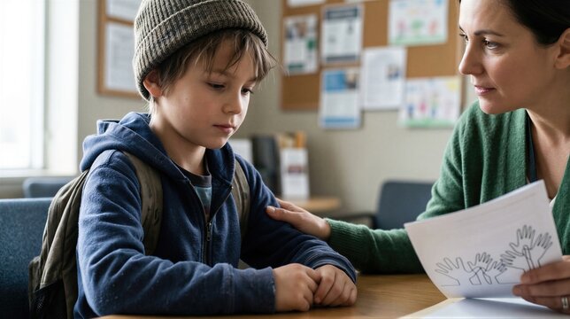 Social worker comforts sad boy in office. Professional psychologist supports child with emotional trauma. Family counseling session for dysfunctional situation and crisis intervention concept.