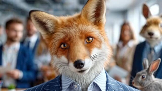 Red fox in pinstripe suit staring at camera in blurred corporate meeting with human and animal colleagues, confident business leadership concept