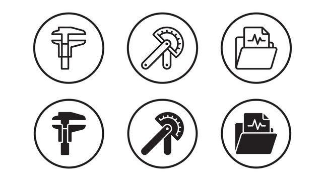 Collection of technical and medical icons including calipers, protractor tools, and diagnostic folders in circular