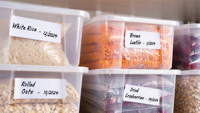 Clear plastic storage containers filled with dried food items and labeled in a cupboard containers organized cupboard shelving inventory management cranberries supplies ingredients