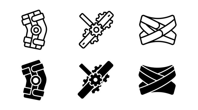 Medical orthopedic brace and bandage icon set for injury support with orthopedic fixation rehabilitation recovery