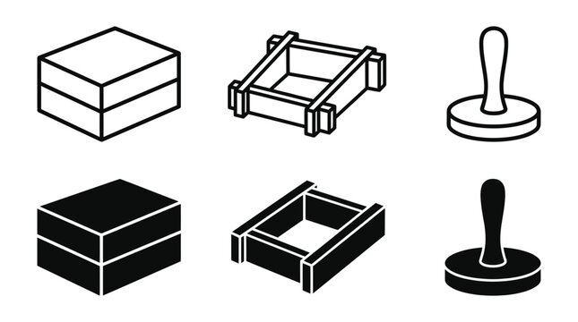 Isometric box and stamp icons in black and white linear style with isometric packaging delivery shipping equipment