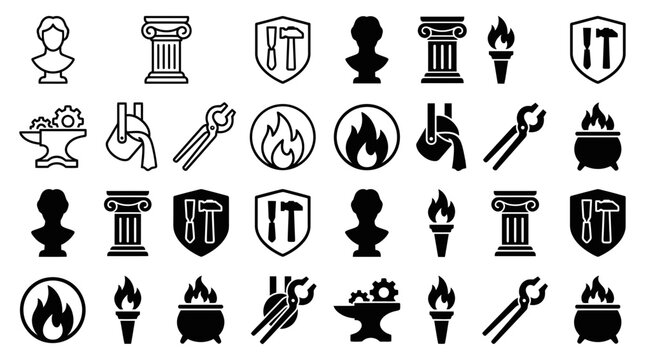 Blacksmithing and ancient sculpture icon set featuring anvil torch column and shield symbols blacksmith sculpture