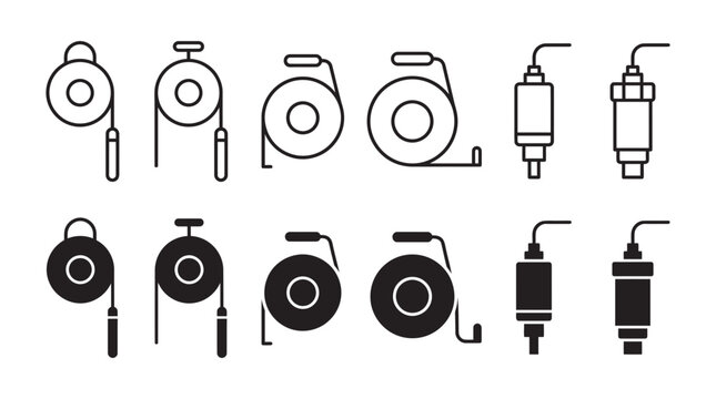 Set of industrial reel and cable icons in outline and solid styles with industrial extension electrical collection