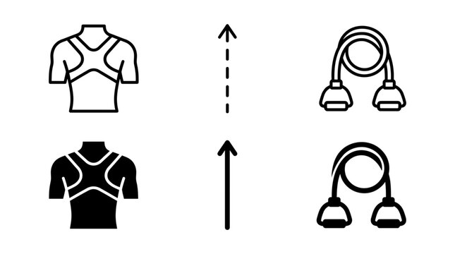 Posture correction brace upward arrow indicator resistance band fitness equipment icons with correction, exercise