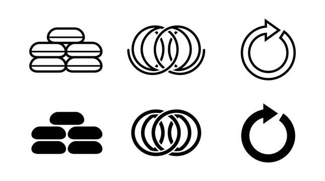 Collection of icons showing stack of objects linked rings a circular arrow refresh symbol circular silhouette