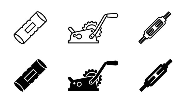 Set of mechanical icons including a cylinder gear winch metal turnbuckle hardware components mechanical cylinder