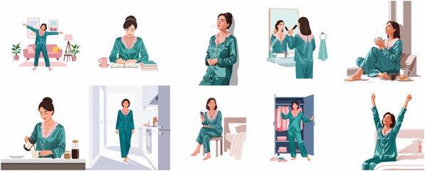 Fototapeta premium Flat Vector Illustration Set of a Woman's Daily Morning Routine in Green Silk Pajamas