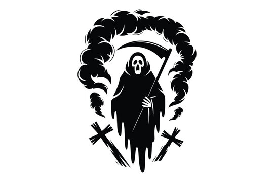 Grim reaper silhouette with scythe and crosses halloween vector illustration