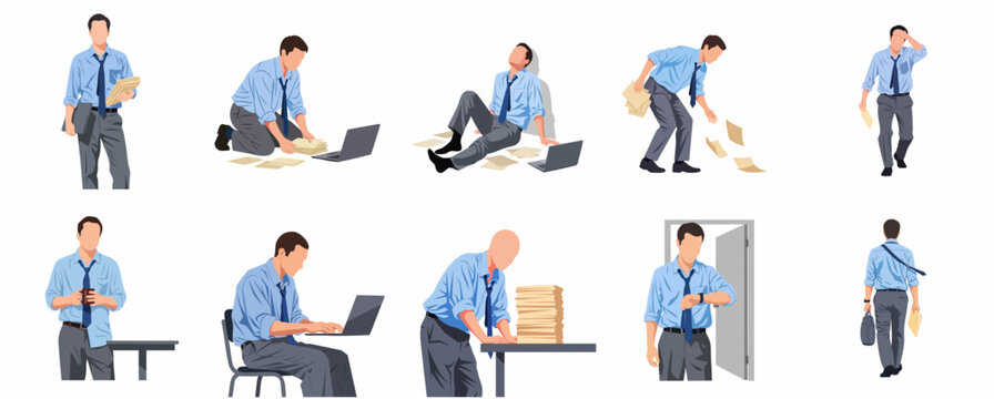 Businessman Character Set: Illustrations of Stress, Burnout, and Daily Office Routine for Corporate Professionals