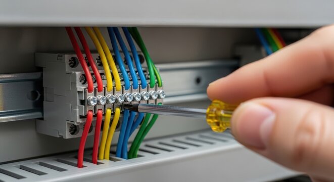 Electrical wiring installation with colorful cable connections and screwdrivers in hands. Professional electrical wiring setup includes organized cables in green, yellow, blue, and red.