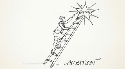 Obraz premium Businesswoman climbing ladder to achieve success with ambition and motivation