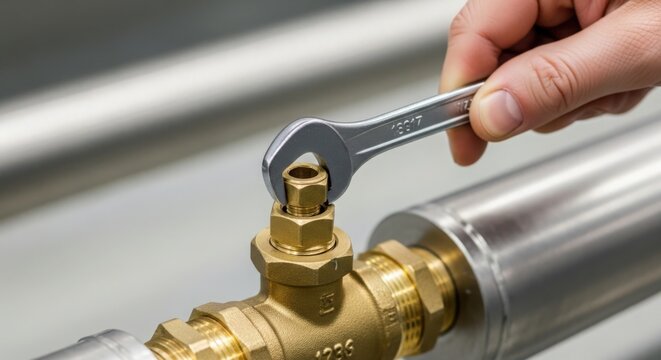 Hand using wrench on brass valve in plumbing installation, ensuring tight fit and proper function of piping system.
